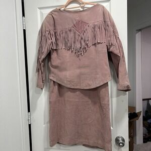 Vintage Pioneer Wear Suede Western Fringe Jacket & Skirt Women's 12 Pink Leather